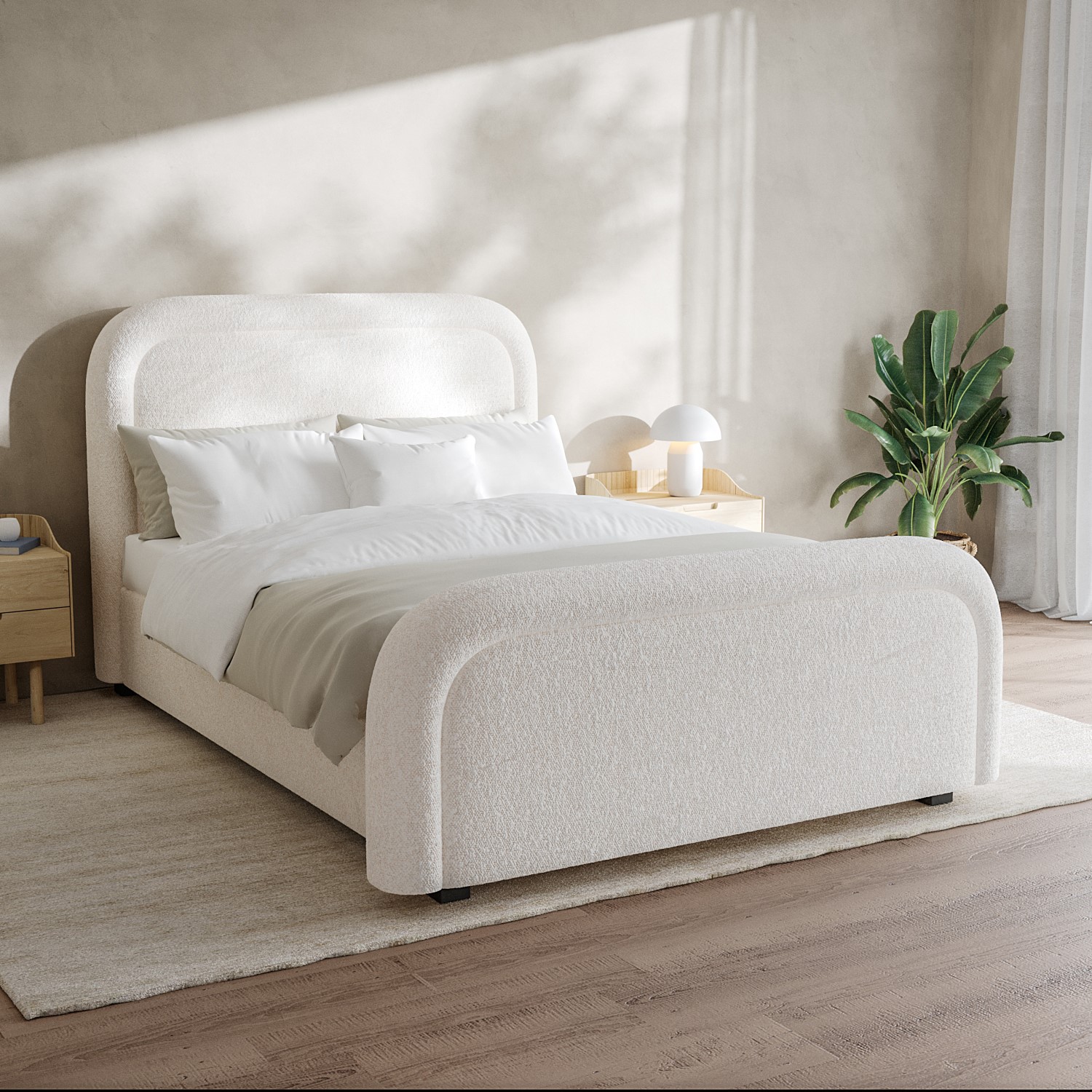 Photo of Off-white boucle double ottoman bed with curved headboard - naomi