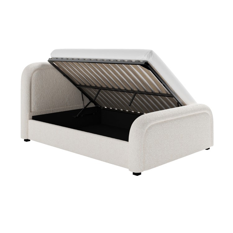 Off-White Boucle Double Ottoman Bed with Curved Headboard - Naomi