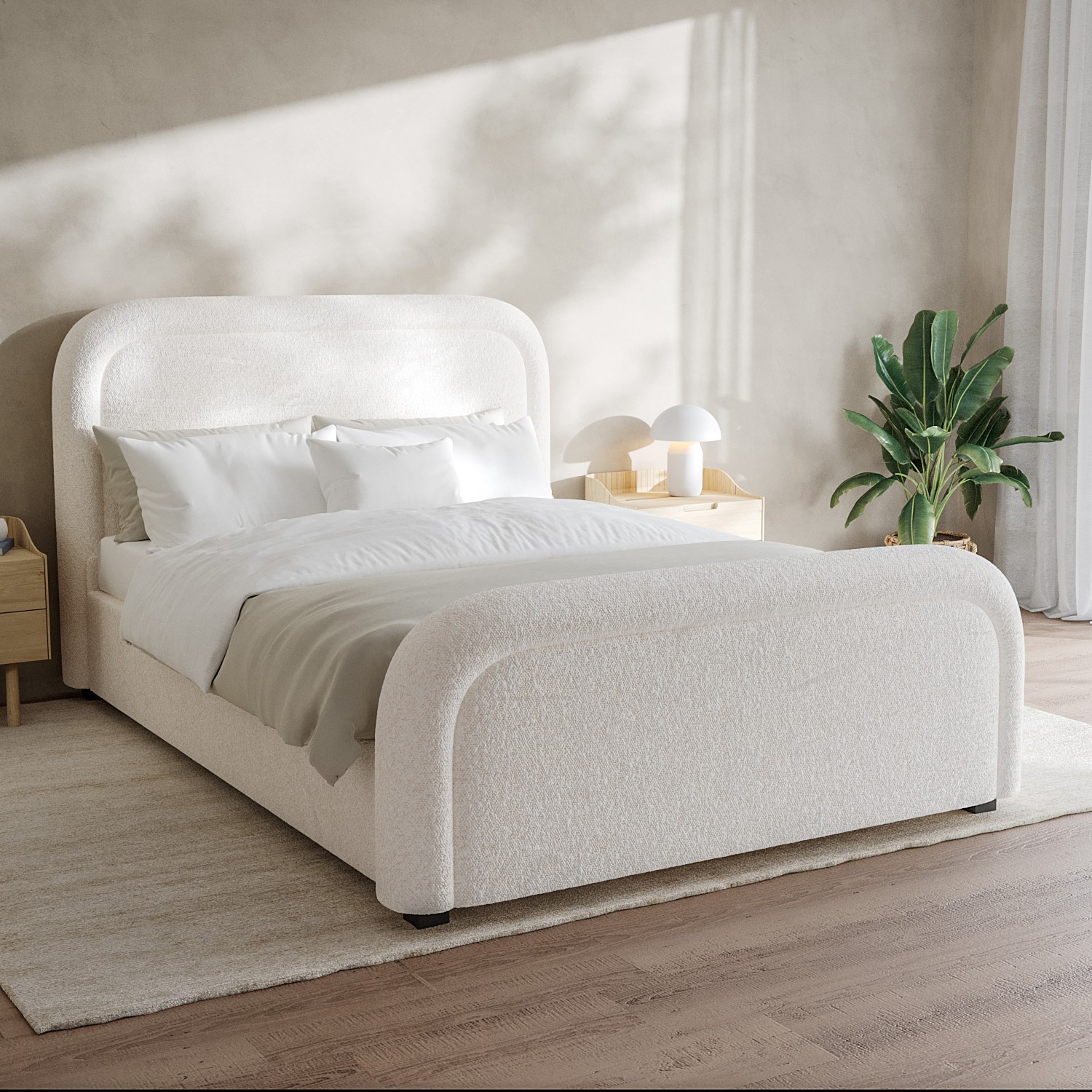 Photo of Off-white boucle king size ottoman bed with curved headboard - naomi