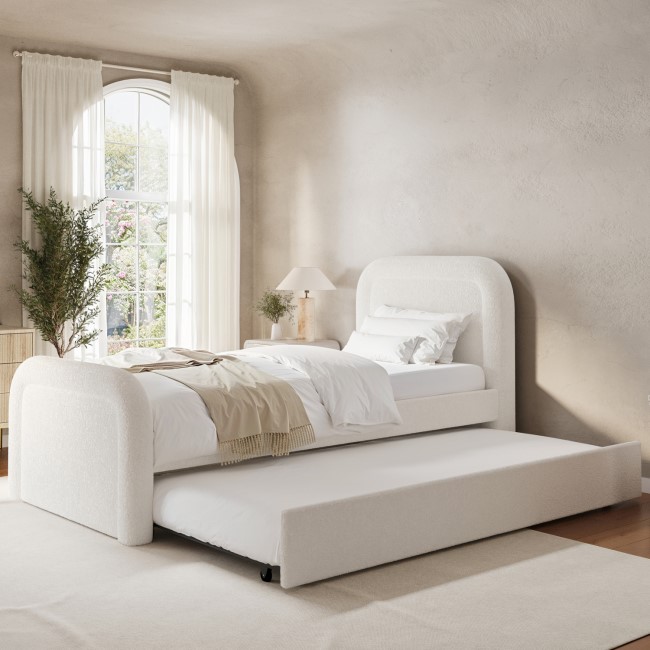 Off-White Boucle Single Guest Bed with Trundle and Curved Headboard - Naomi