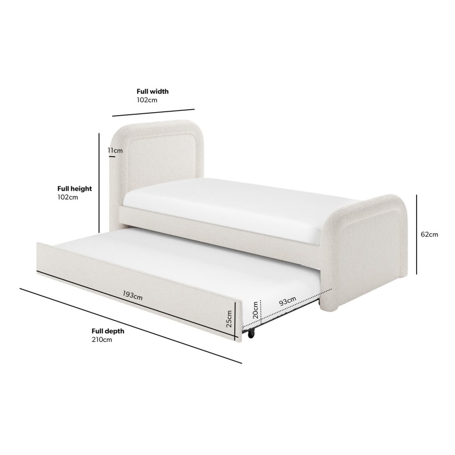 Cream Boucle Single Guest Bed with Trundle and Curved Headboard with 2 Mattresses - Naomi