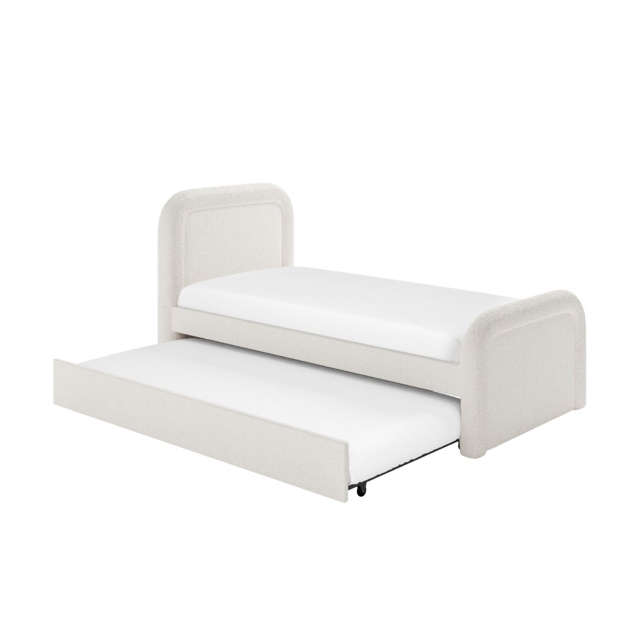 Cream Boucle Single Guest Bed with Trundle and Curved Headboard - Naomi