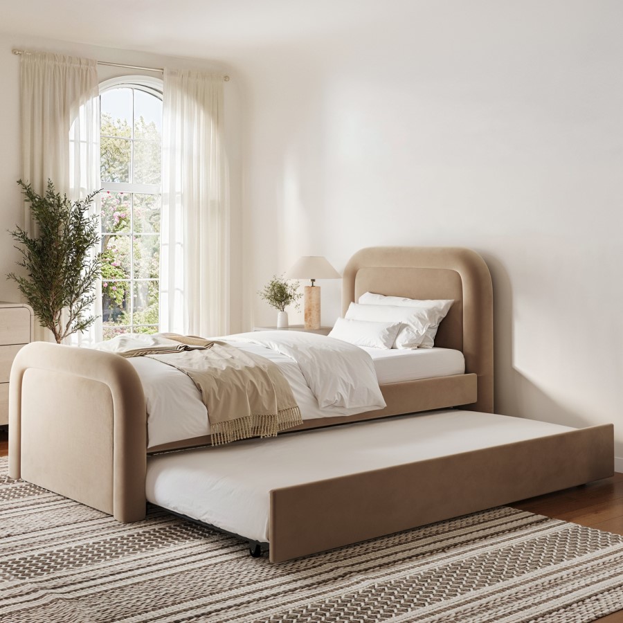 ONLY OPENED - Beige Velvet Single Guest Bed with Trundle and Curved Headboard - Naomi