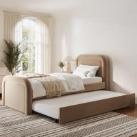 ONLY OPENED - Beige Velvet Single Guest Bed with Trundle and Curved Headboard - Naomi ONLY OPENED - Beige Velvet Single Guest Bed with Trundle and Curved Headboard - Naomi