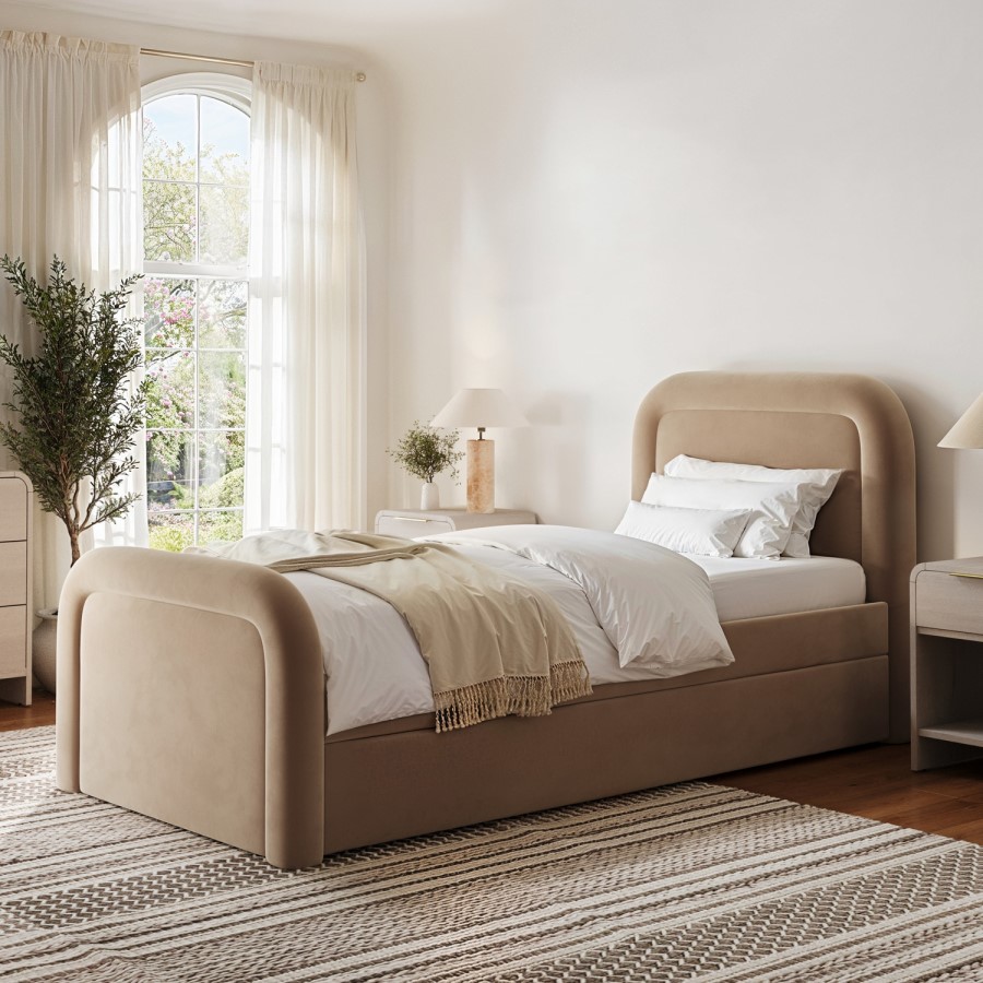 ONLY OPENED - Beige Velvet Single Guest Bed with Trundle and Curved Headboard - Naomi