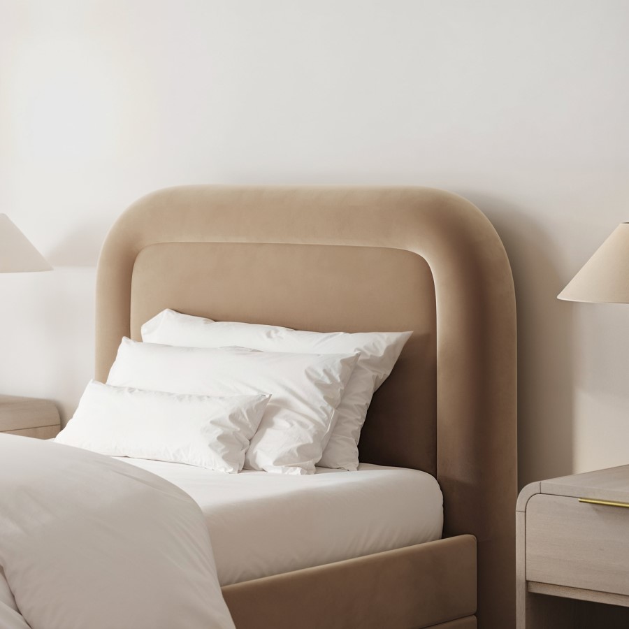 ONLY OPENED - Beige Velvet Single Guest Bed with Trundle and Curved Headboard - Naomi