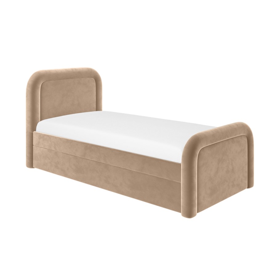 ONLY OPENED - Beige Velvet Single Guest Bed with Trundle and Curved Headboard - Naomi