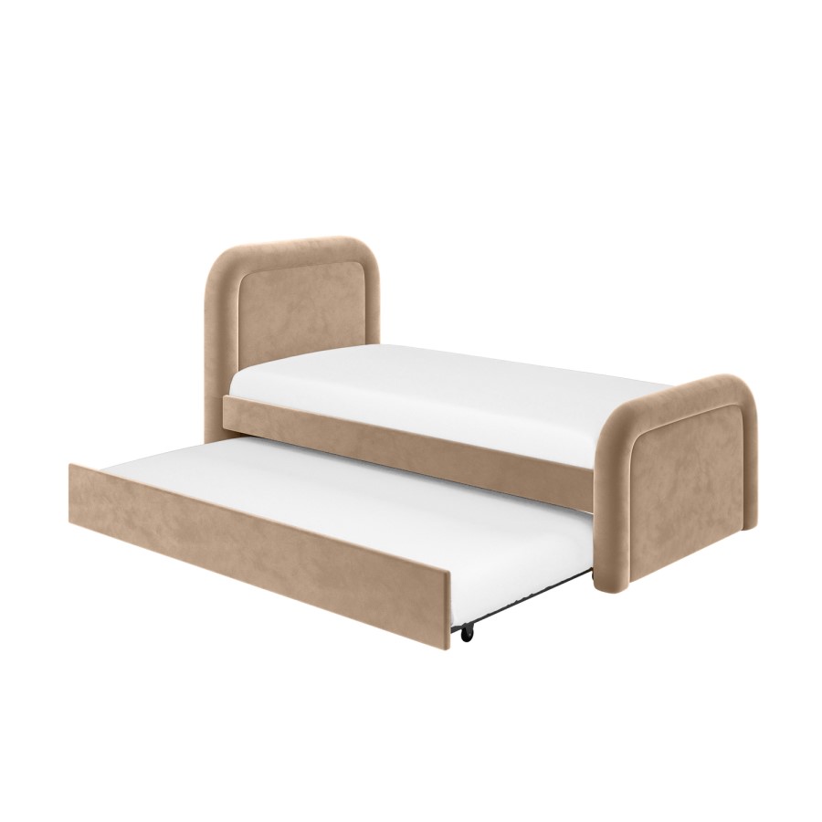ONLY OPENED - Beige Velvet Single Guest Bed with Trundle and Curved Headboard - Naomi