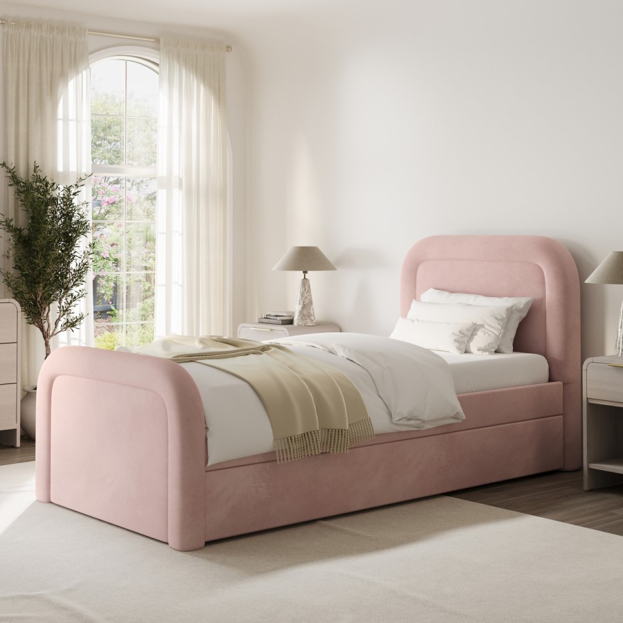 Pink Velvet Single Guest Bed with Trundle and Curved Headboard - Naomi