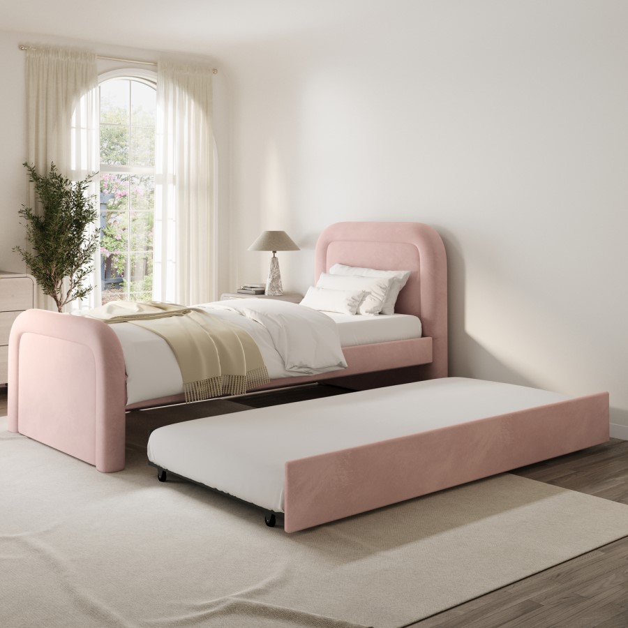 Pink Velvet Single Guest Bed with Trundle and Curved Headboard - Naomi