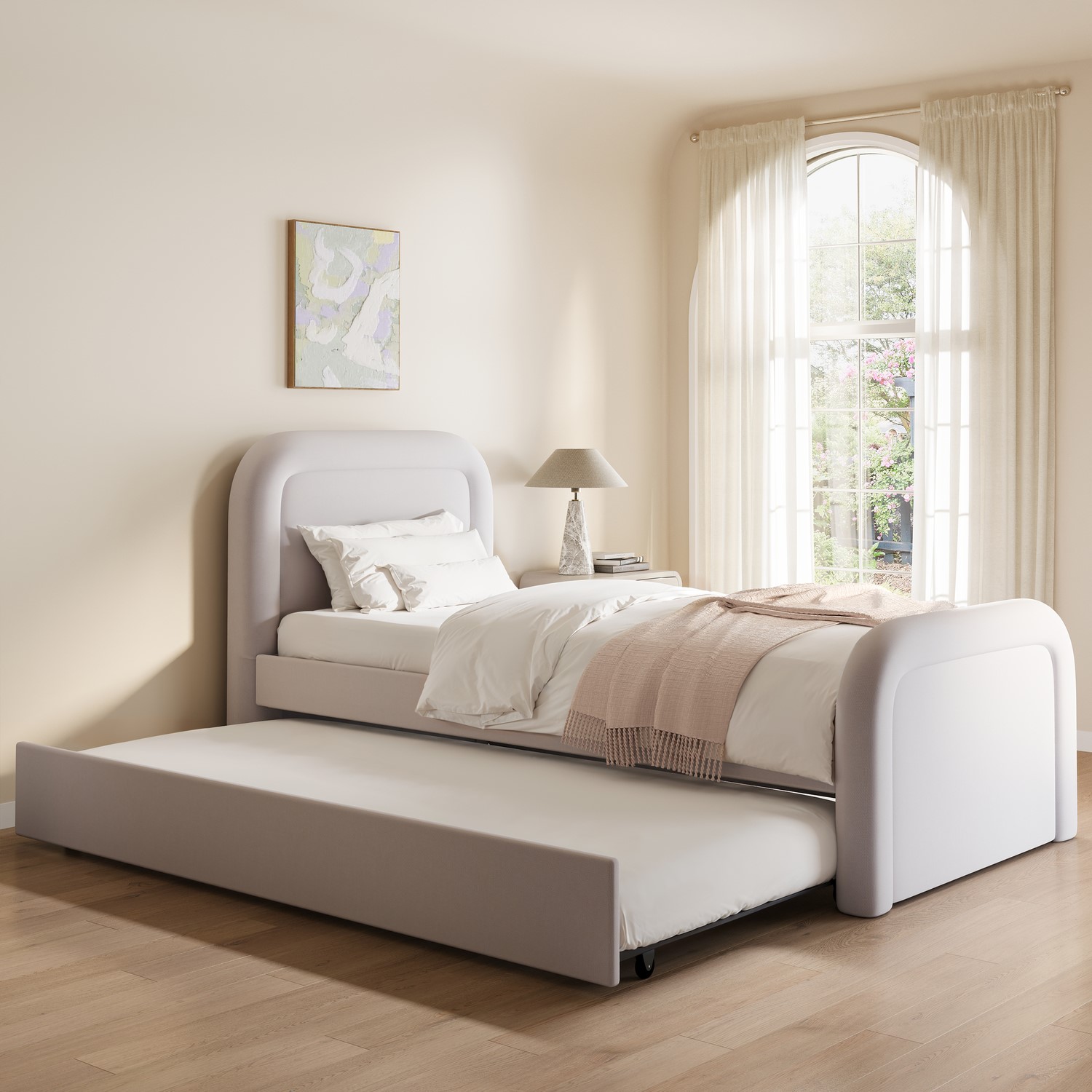 Upholstered Single Guest Bed Trundle Curved Headboard