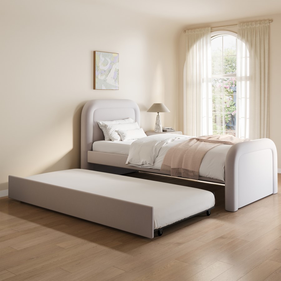 Lilac Upholstered Single Guest Bed with Trundle and Curved Headboard - Naomi