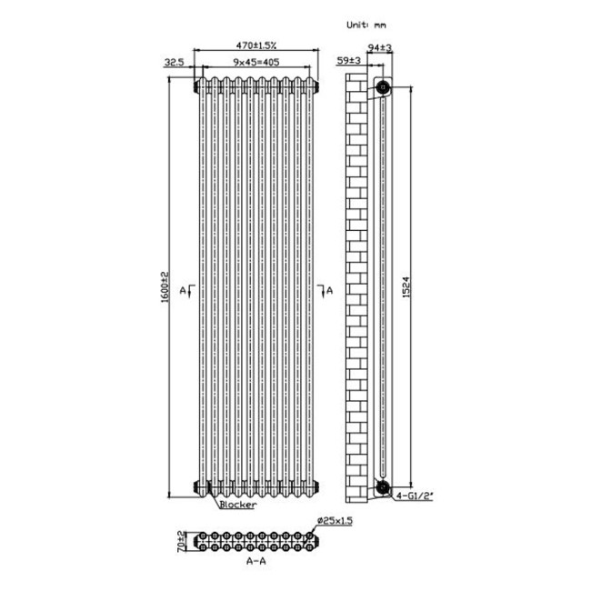 Anthracite Vertical 2 Column Traditional Radiator 1600 x 470mm - Nambi