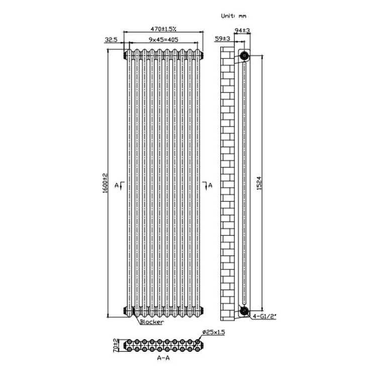 Black Vertical 2 Column Traditional Radiator 1600 x 470mm - Nambi