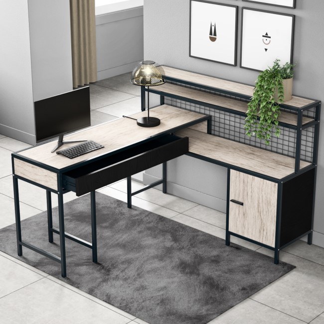 Large Industrial Corner Desk with Storage Drawers and Shelves - Indigo