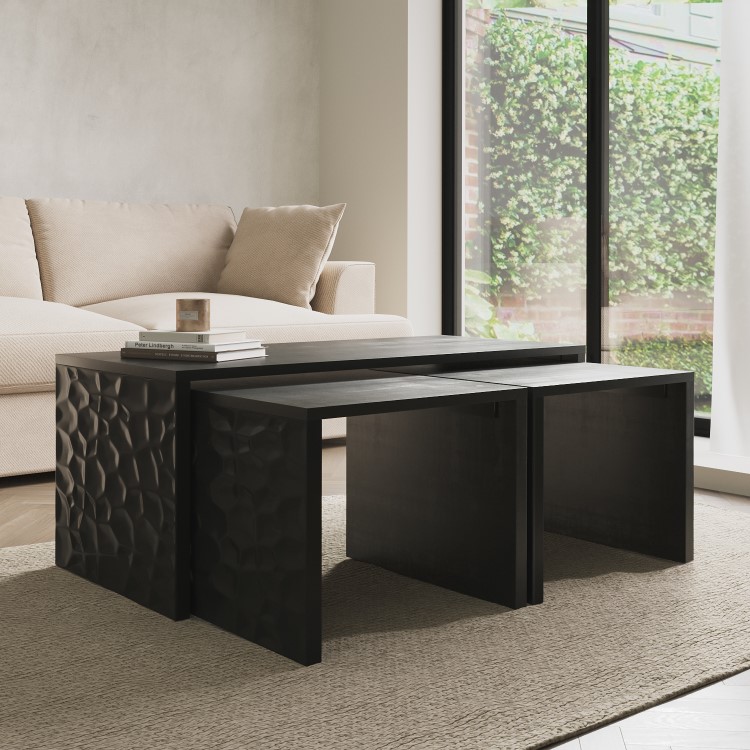 ONLY OPENED - Rectangular Black Mango Wood Nest of 3 Coffee Tables - Neesha