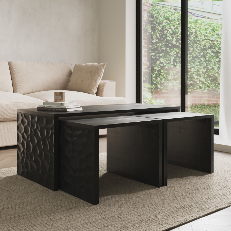 ALMOST PERFECT - Rectangular Black Solid Mango Wood Nest of 3 Coffee Tables - Neesha