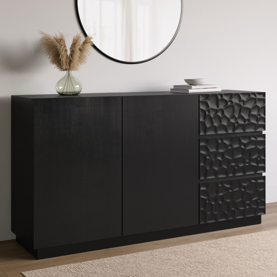 Large Black Textured Solid Mango Wood Sideboard - Neesha