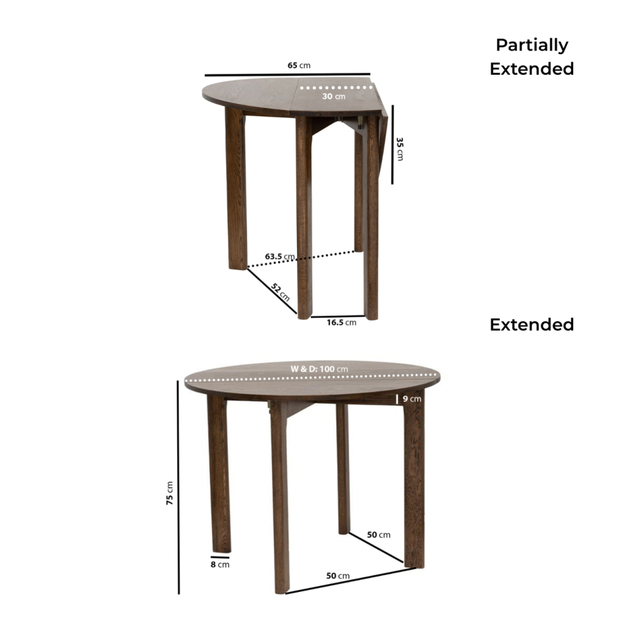Small Round Walnut Folding Drop Leaf Extendable Dining Table - Seats 2 - 4 - Nell