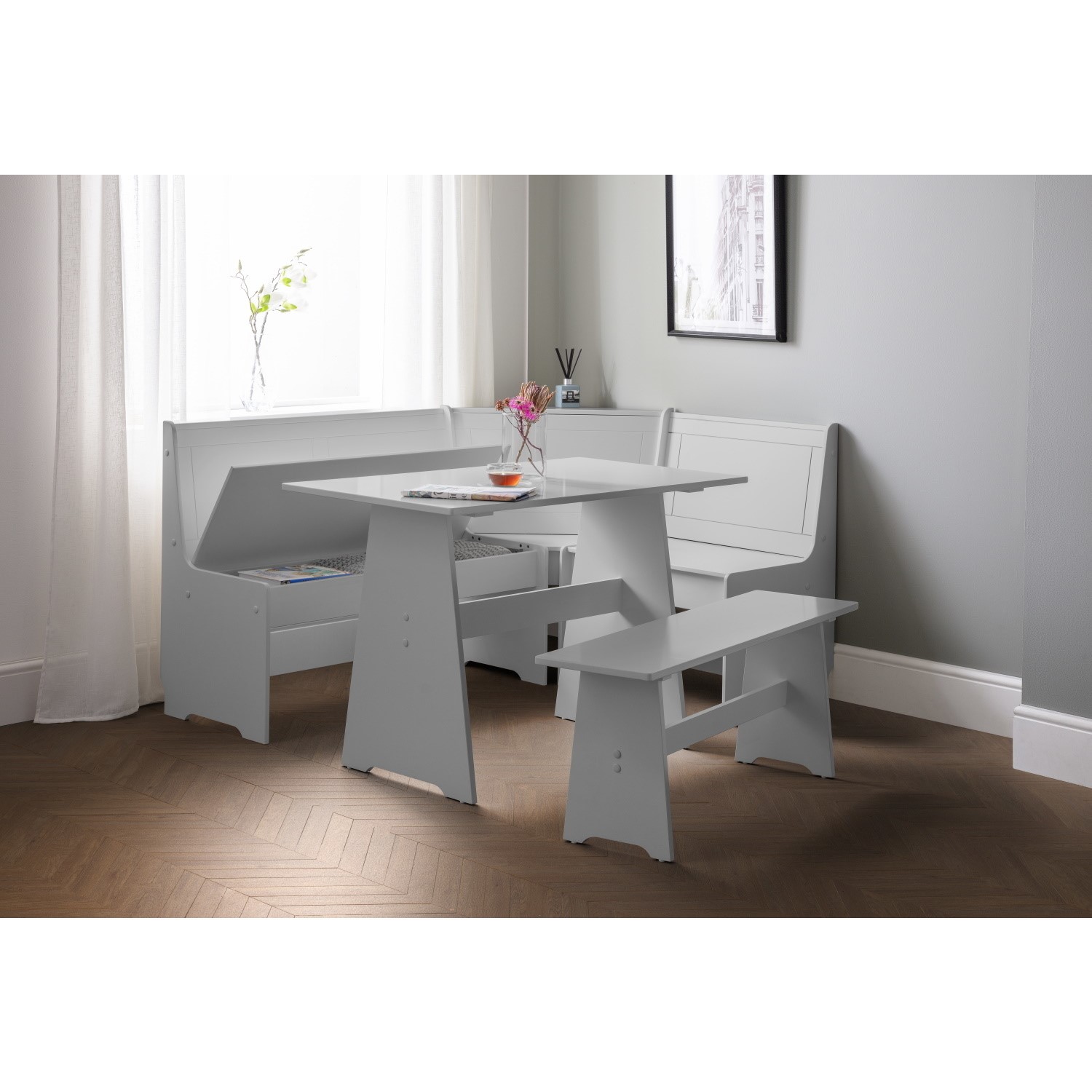 Photo of Light grey wooden corner dining set with a bench - seats 5 - newport