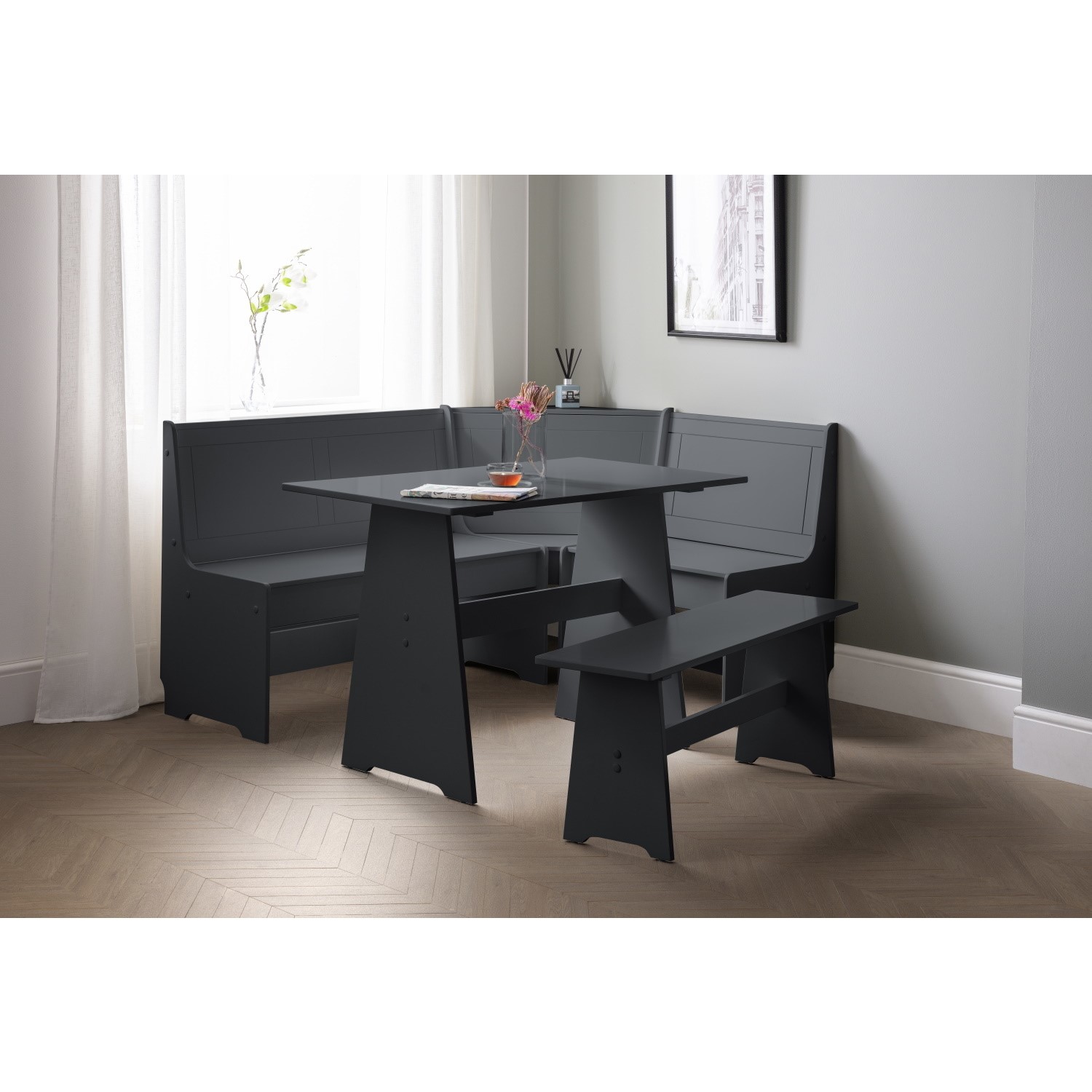Photo of Dark grey wooden corner dining set with a bench - seats 5 - newport