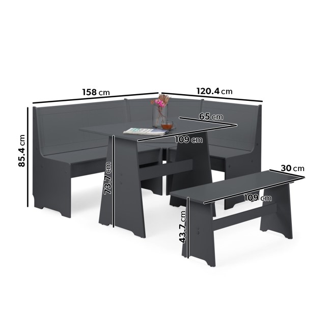 Dark Grey Wooden Corner Dining Set with a Bench - Seats 5 - Newport