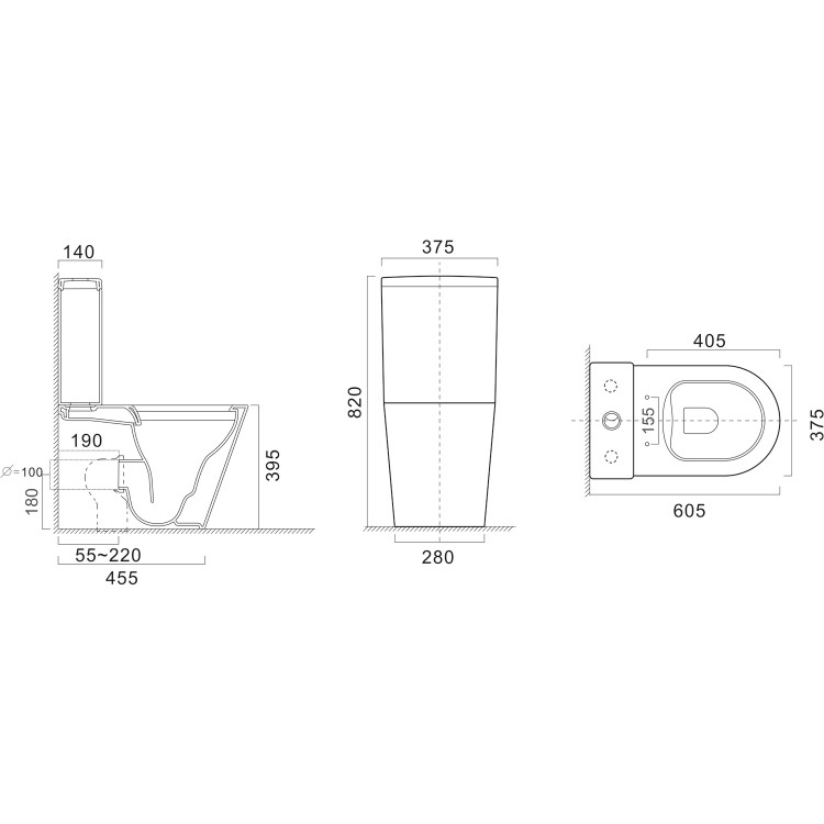 Matt Black Close Coupled Rimless Closed Back Toilet with Soft Close Seat - Newport