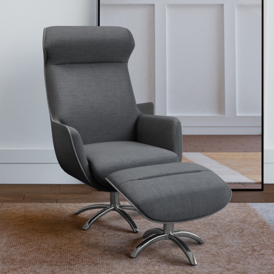 GRADE A1 - Grey Fabric Swivel Lounge Chair with Footstool - Nexo