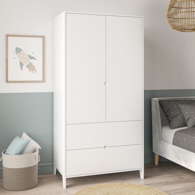 Kids White Scandi Double Wardrobe with 2 Drawers - Niko