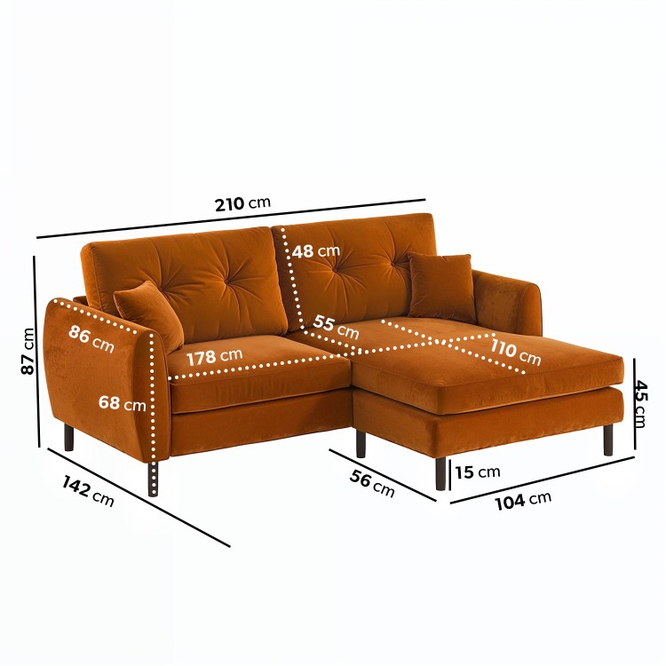 Rust Orange Velvet Reversible 3-Seater Corner Sofa - Nolen