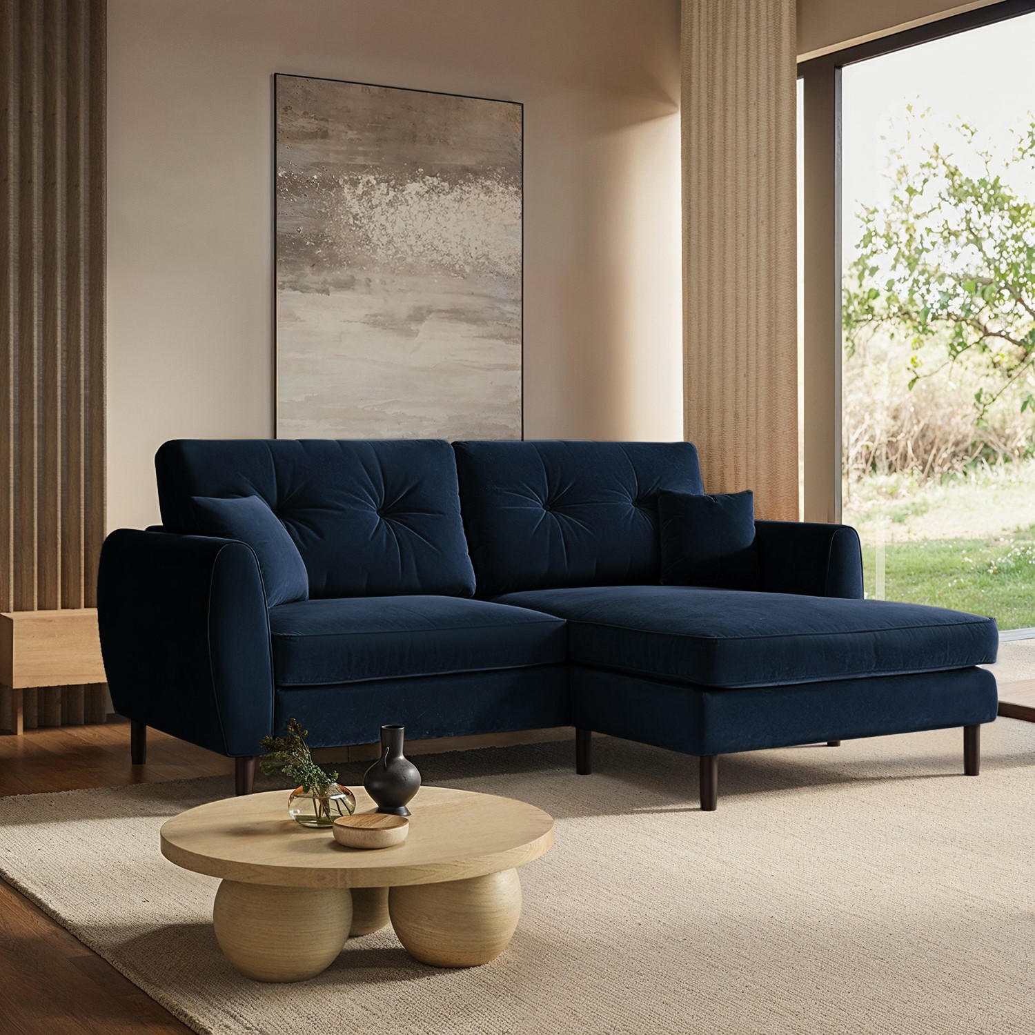 Navy Blue Velvet Reversible 3-Seater Chaise Corner Sofa - Nolen ...