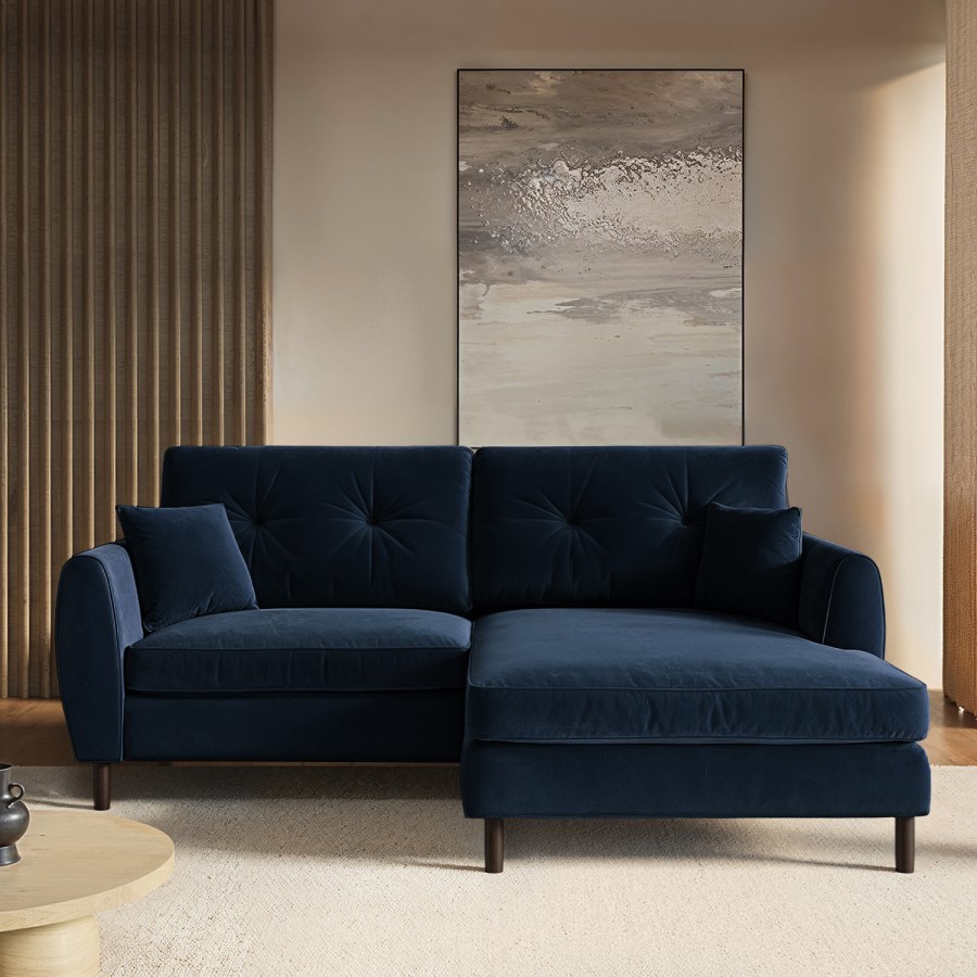 Navy Blue Velvet Reversible 3-Seater Chaise Corner Sofa - Nolen