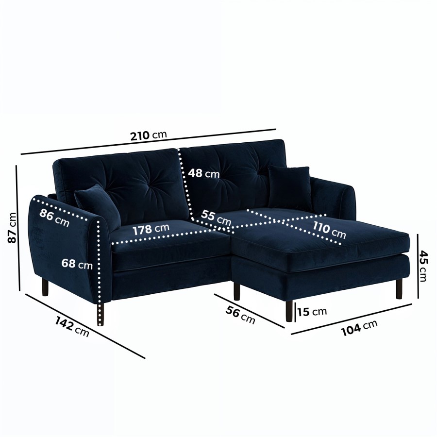 Navy Blue Velvet Reversible 3-Seater Chaise Corner Sofa - Nolen