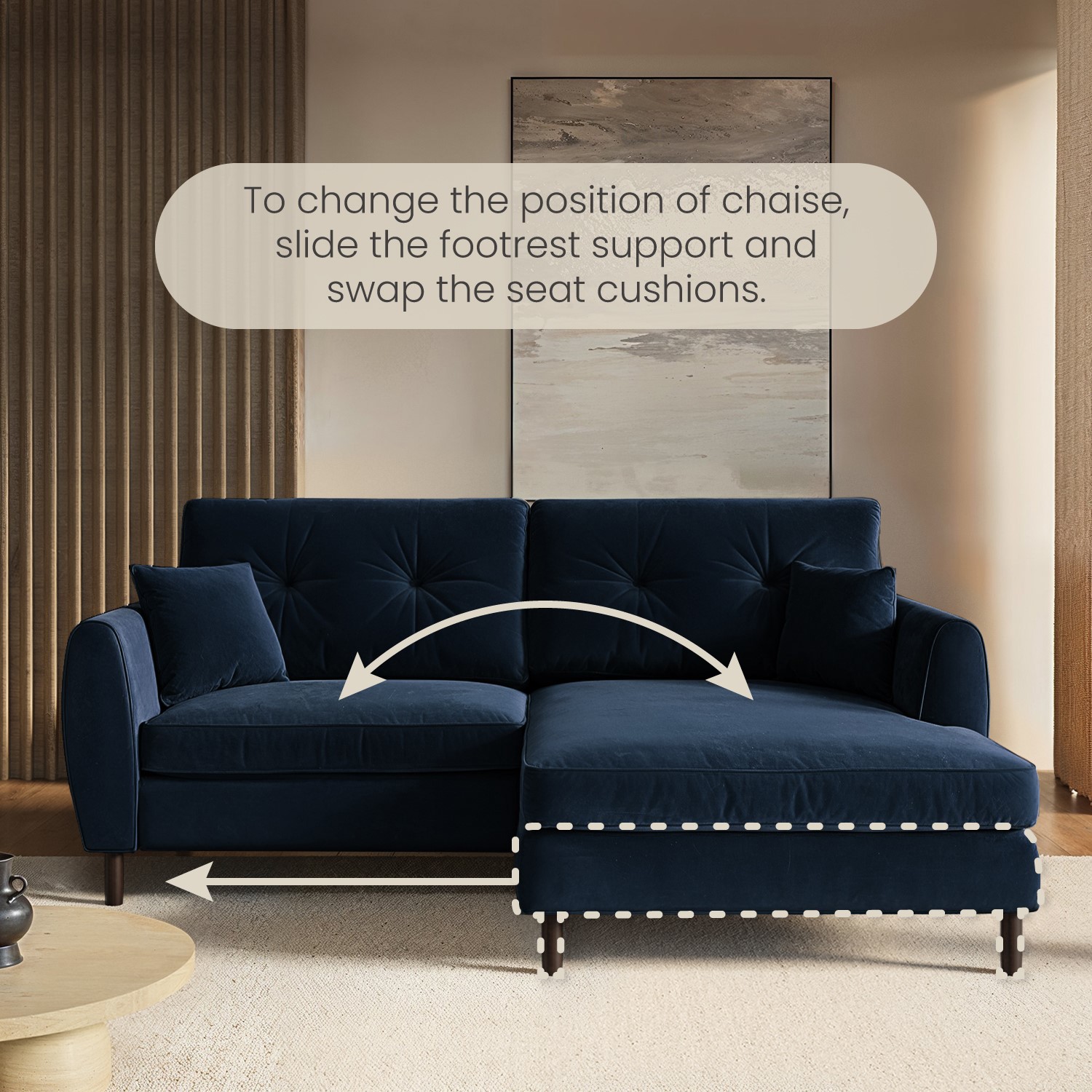 Navy Blue L Shaped Sectional Boise U Shape Plush Velour Fabric Corner