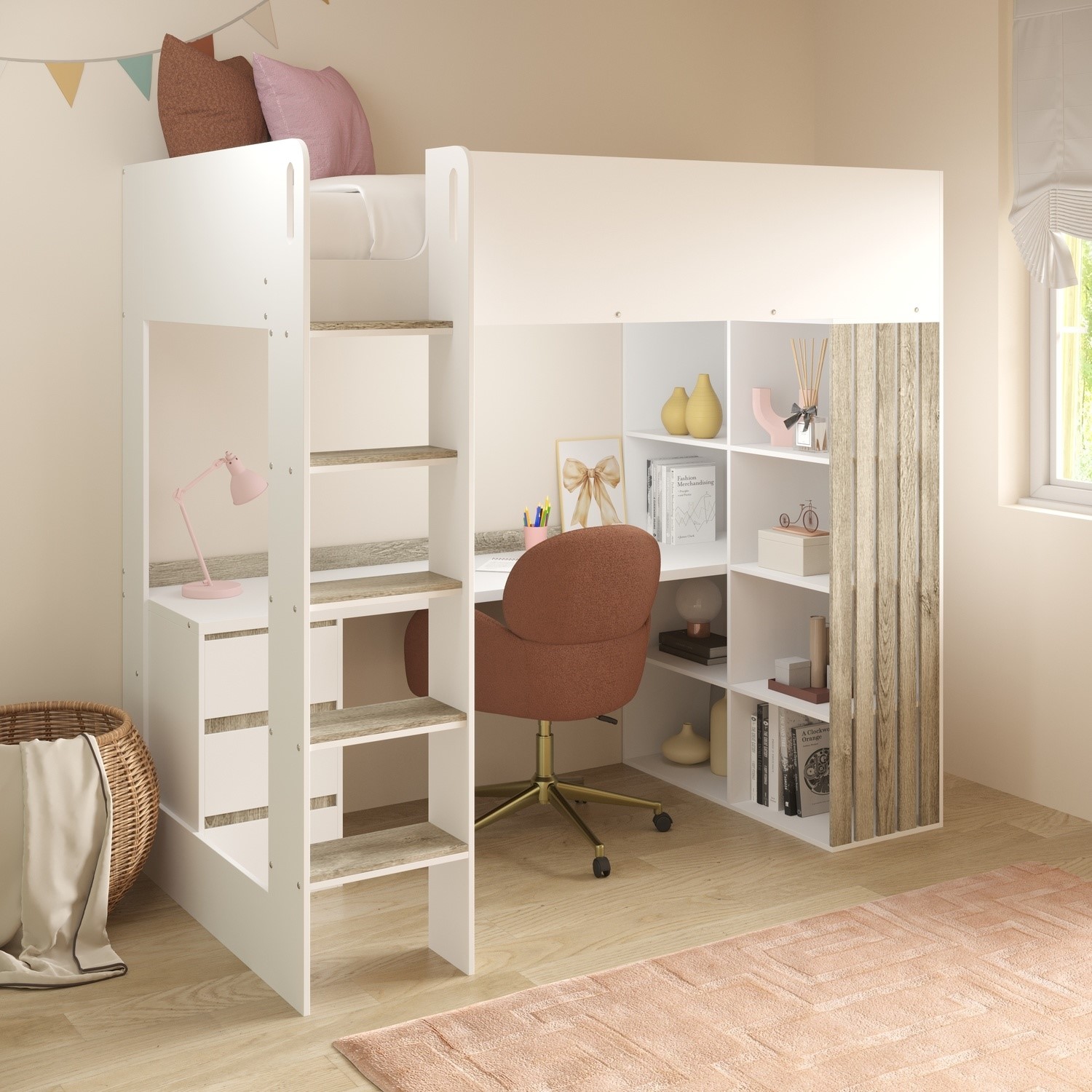 High Sleeper Loft Bed With Desk And Storage In White And Oak Nelly high-sleeper-loft-bed-with-desk-and-storage-in-white-and-oak-nelly