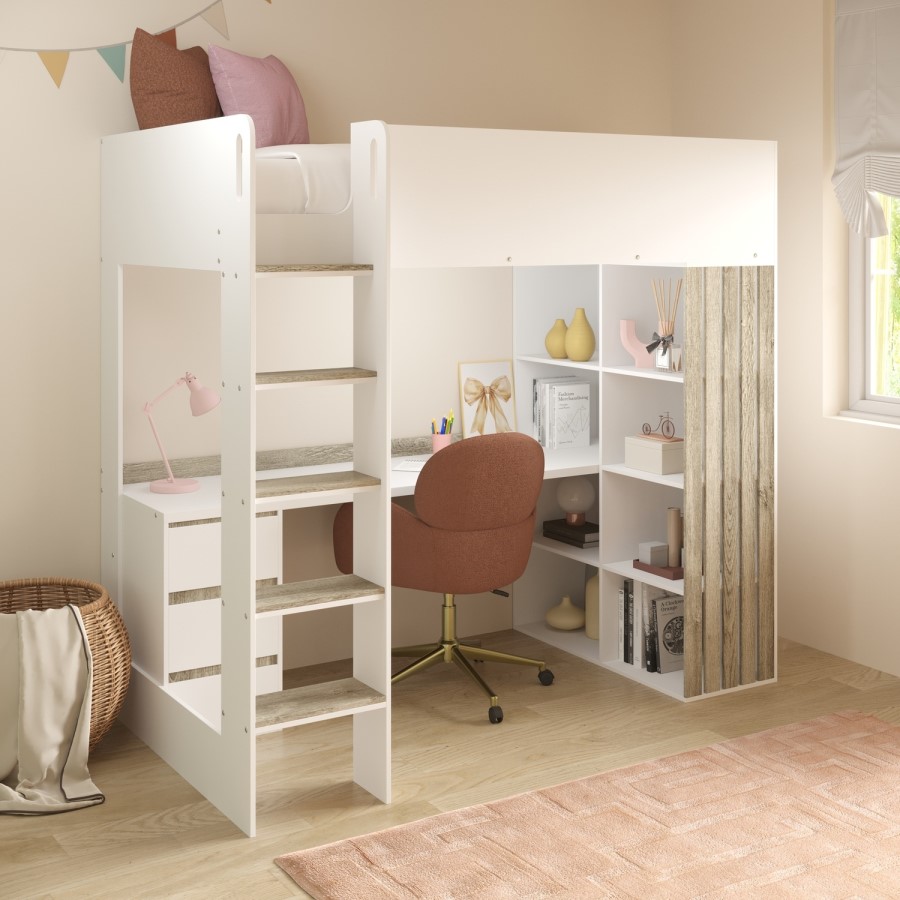 High Sleeper Loft Bed with Desk and Storage in White and Oak - Nelly