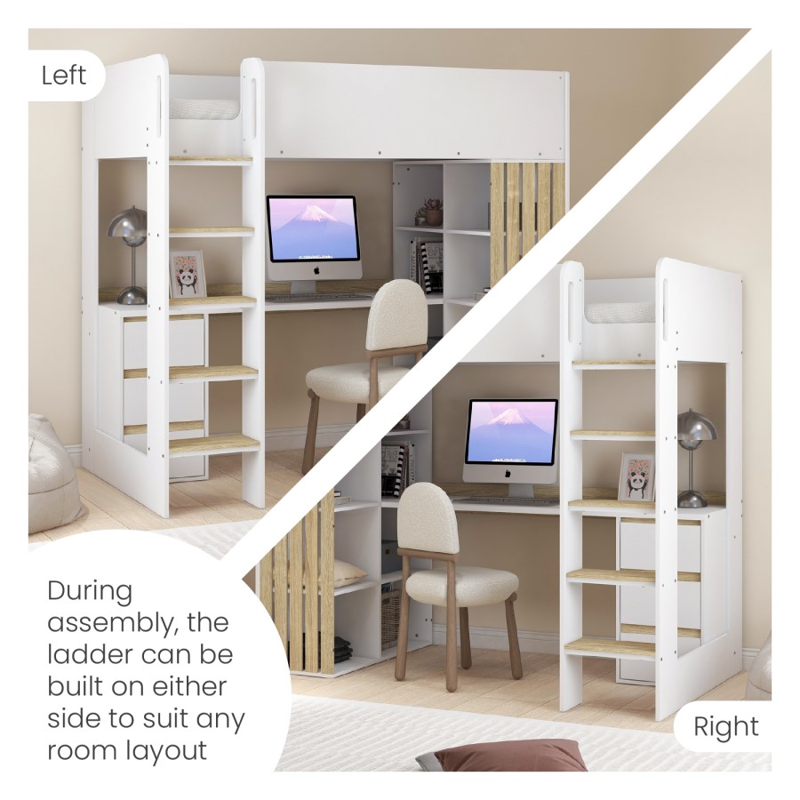 High Sleeper Loft Bed with Desk and Storage in White and Oak - Nelly