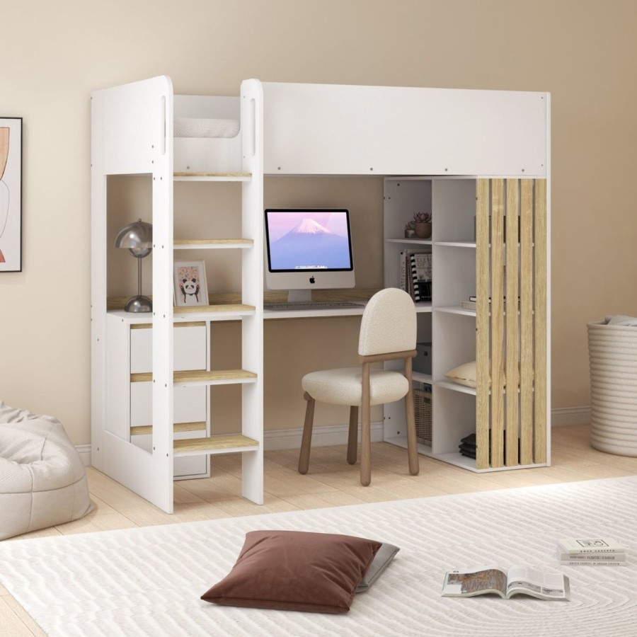 High Sleeper Loft Bed with Desk and Storage in White and Oak - Nelly