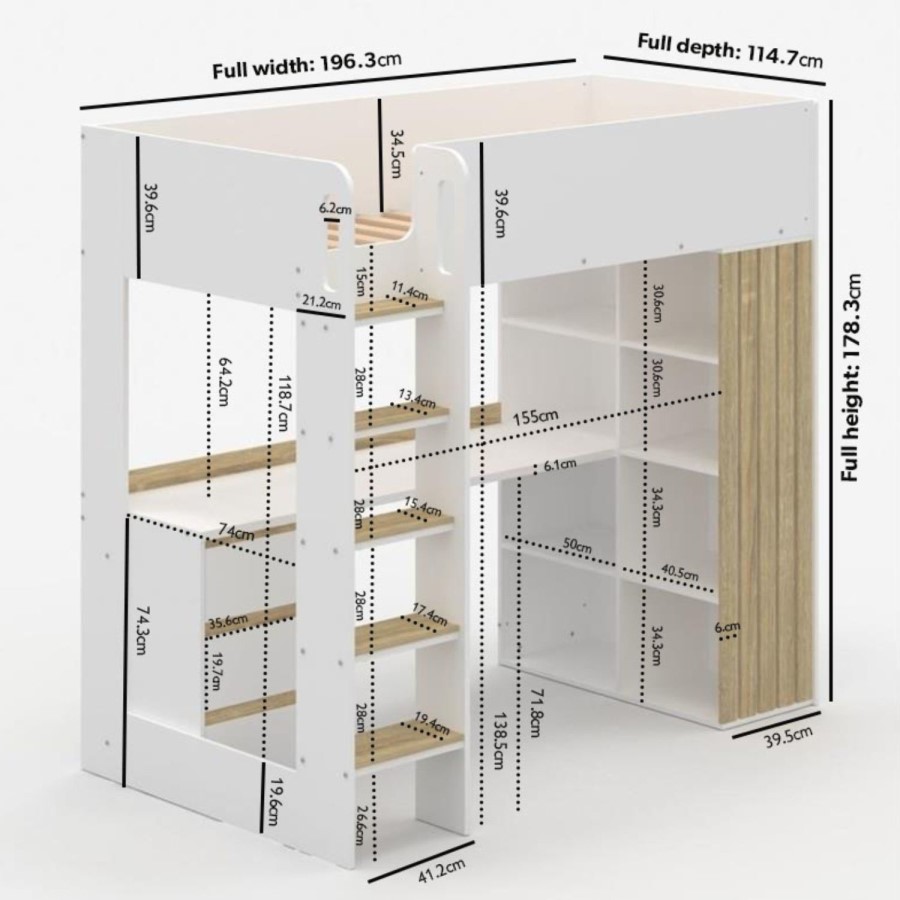 High Sleeper Loft Bed with Desk and Storage in White and Oak - Nelly