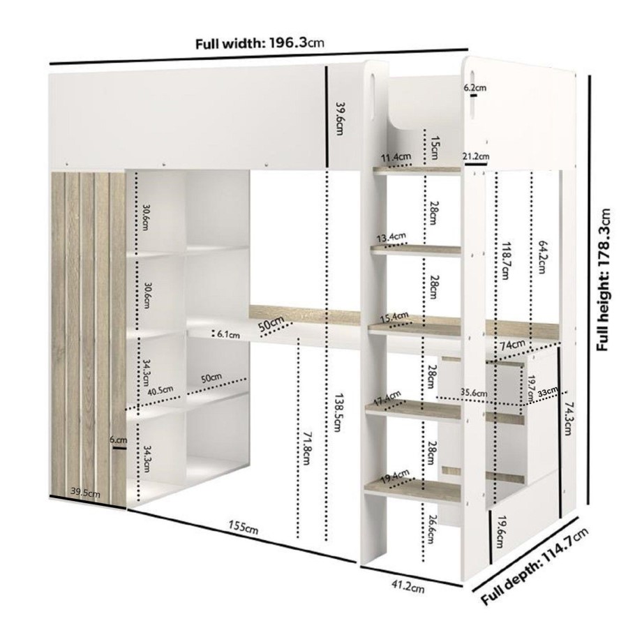 High Sleeper Loft Bed with Desk and Storage in White and Oak - Nelly