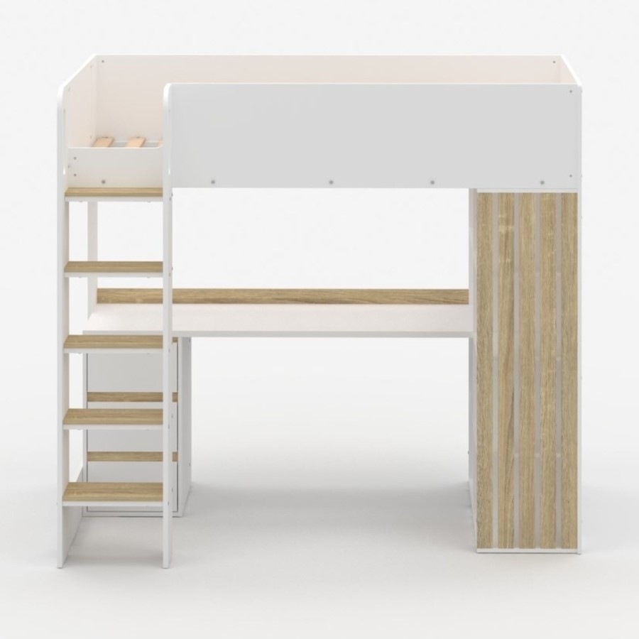 High Sleeper Loft Bed with Desk and Storage in White and Oak - Nelly