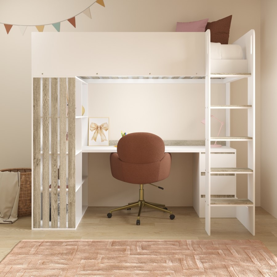 High Sleeper Loft Bed with Desk and Storage in White and Oak - Nelly