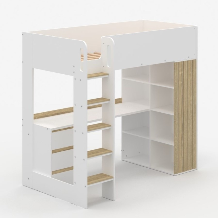 High Sleeper Loft Bed with Desk and Storage in White and Oak - Nelly