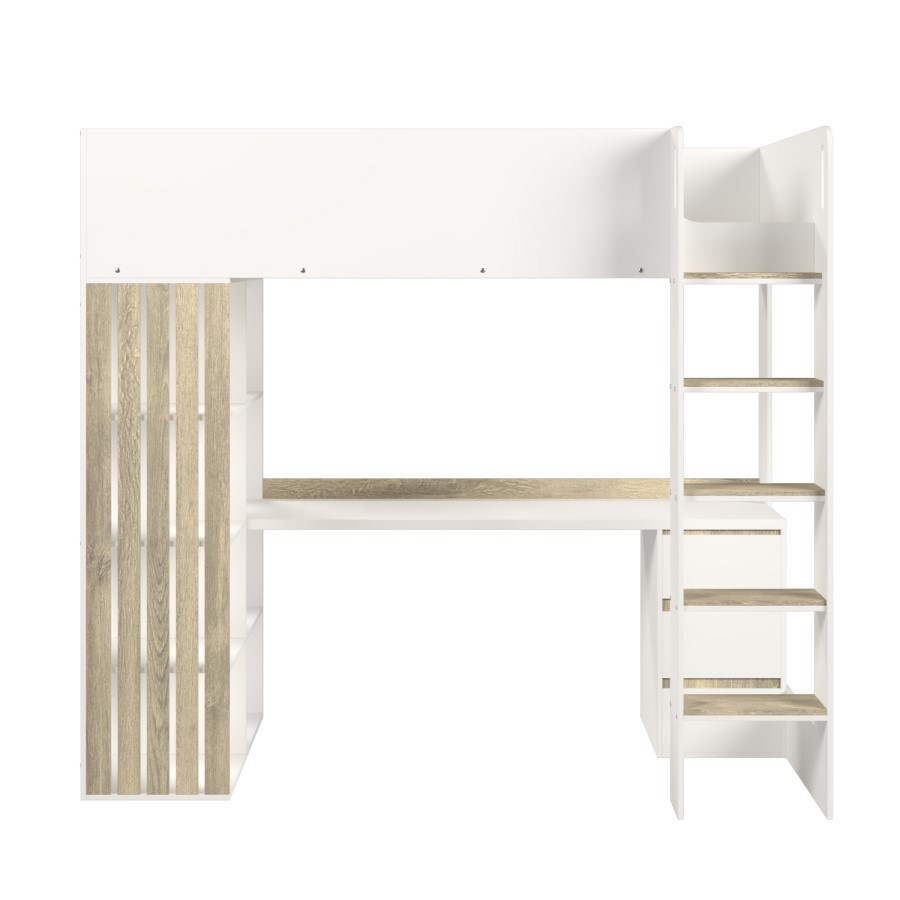 High Sleeper Loft Bed with Desk and Storage in White and Oak - Nelly