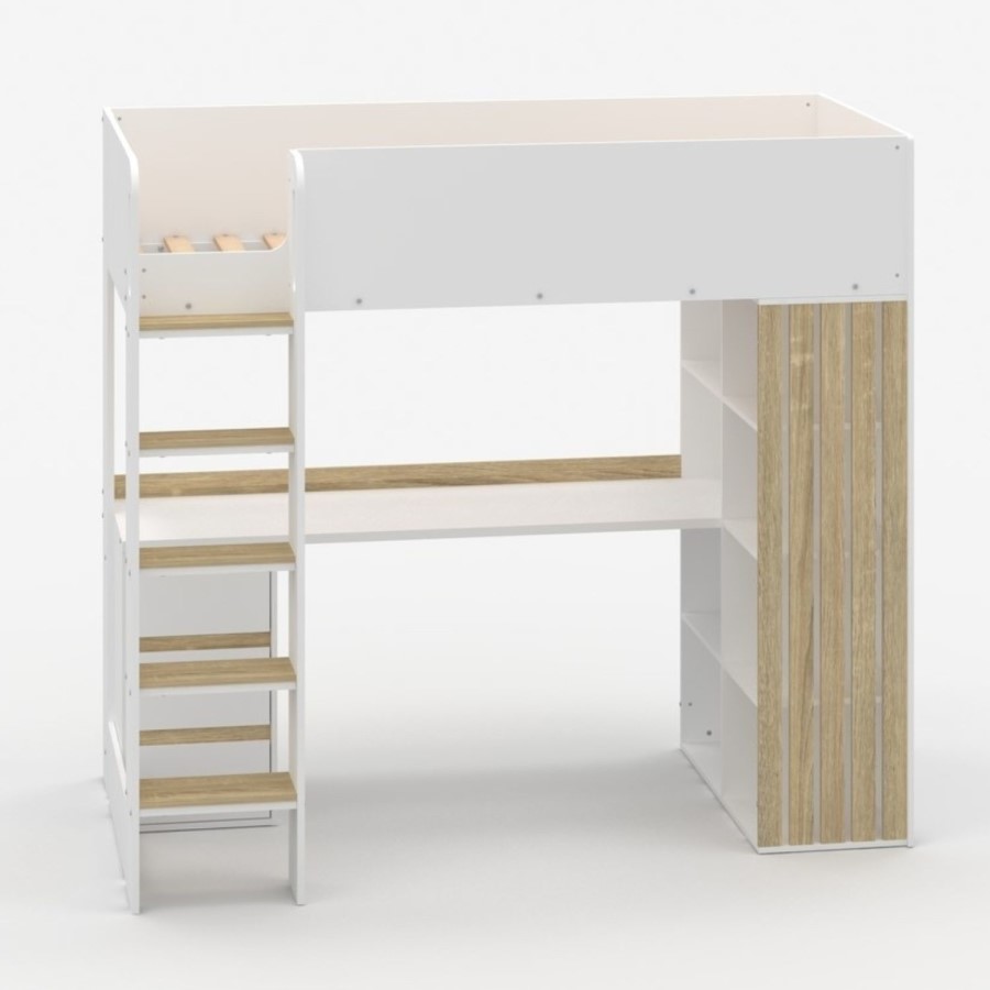 High Sleeper Loft Bed with Desk and Storage in White and Oak - Nelly