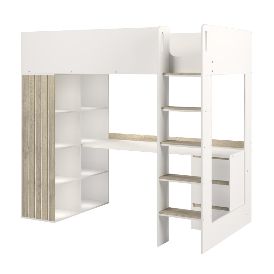 High Sleeper Loft Bed with Desk and Storage in White and Oak - Nelly