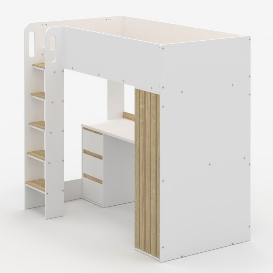 High Sleeper Loft Bed with Desk and Storage in White and Oak - Nelly