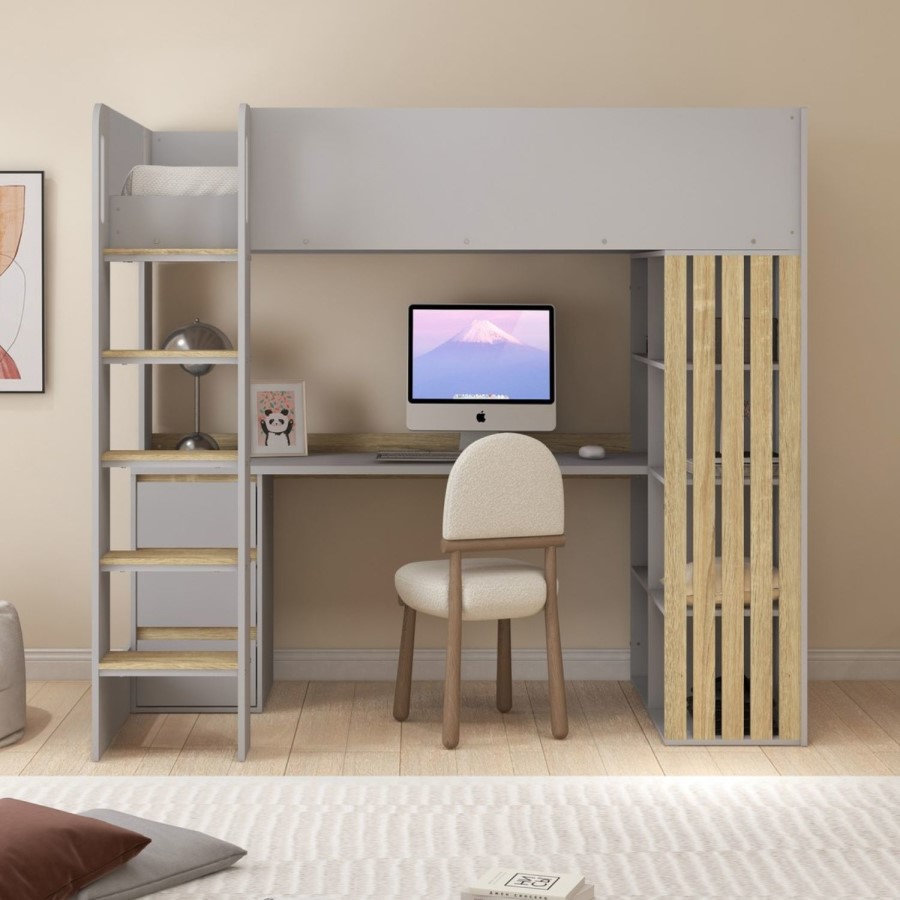 High Sleeper Loft Bed with Desk and Storage in Grey and Oak - Nelly