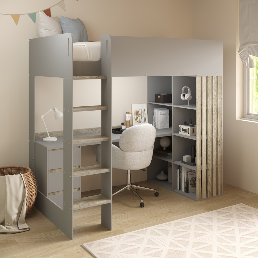High Sleeper Loft Bed with Desk and Storage in Grey and Oak - Nelly