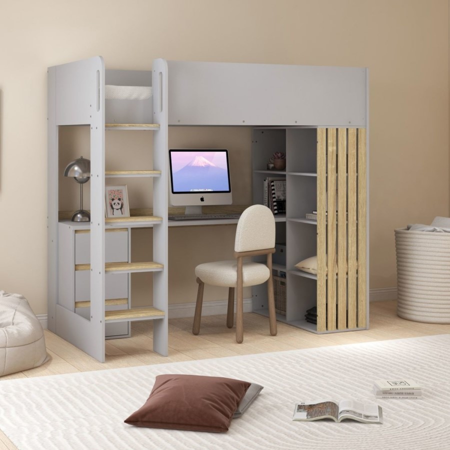 High Sleeper Loft Bed with Desk and Storage in Grey and Oak - Nelly